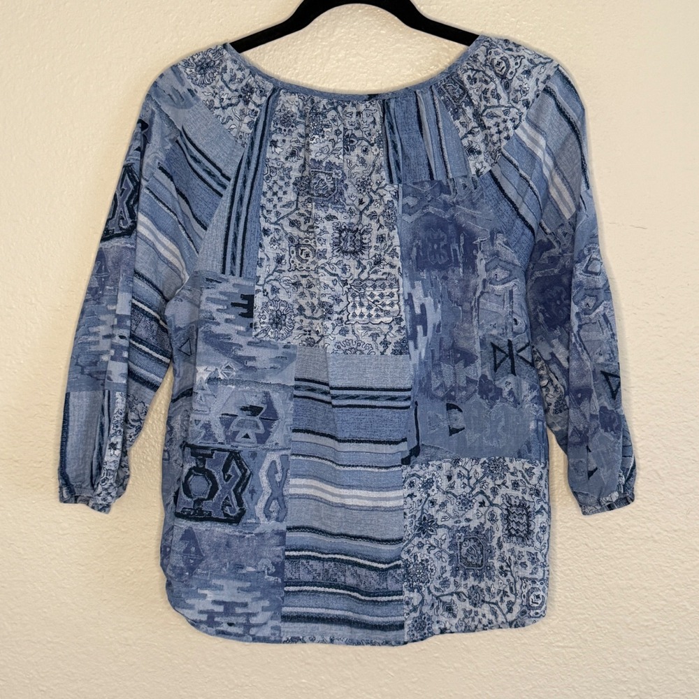 Lauren Ralph Lauren Blue Patchwork Cotton Peasant Blouse Women Medium Boho Indie - Picture 2 of 7